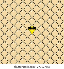 Single Cool Yellow Chick Wearing Ladies Retro Style Sunglasses Surrounded by Identical Brown Eggs