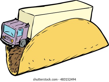 Single corn taco shell and tractor trailer truck for fun with words cartoon
