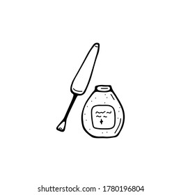 Signo de cosméticos únicos. Dibujar un icono de belleza simple. Lino de ojos, esmalte de uñas, brillo, embalaje líquido de rubor. Elemento para impresión, afiches, publicidad, equipo de maquillaje. Ilustración vectorial dibujada por mano