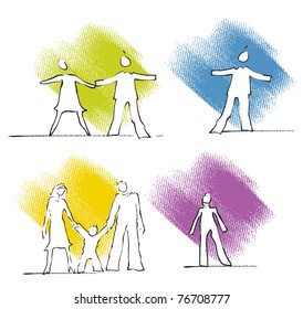 Single, couple, family - people icons, simple freehand linear drawings, colorful