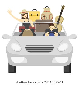 soltero de pareja que va de viaje por carretera con cabriolet de plata blanca con muchas maletas, viaje con amante en vacaciones de verano, vista frontal del cabriolet coche de vehículo de color plano vector de ilustración de color.