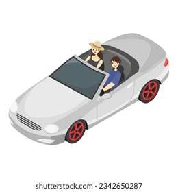 single of couple going on road trip with white silver cabriolet car with many luggage bag, travel with lover in holidays summer trip, isometric view of cabriolet car flat color illustration vector.