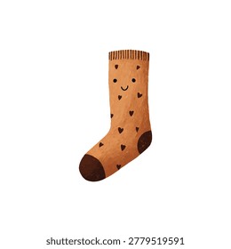 Single cozy sock featuring tan body brown toe and heel with small heart shapes