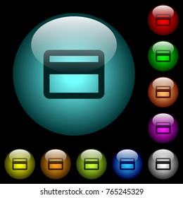 Single credit card icons in color illuminated spherical glass buttons on black background. Can be used to black or dark templates