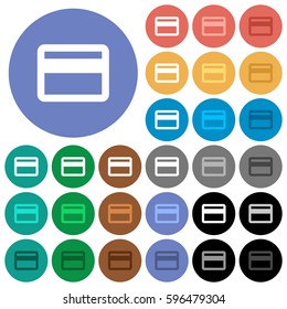 Single credit card multi colored flat icons on round backgrounds. Included white, light and dark icon variations for hover and active status effects, and bonus shades on black backgounds.