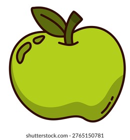 a single crisp green apple with stem and small leaf on top