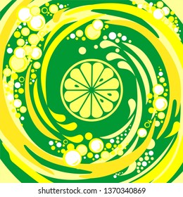 Single cross section of lemon. Close-up.  Lemon juece label splash. Slices of lemons in splashing water and bubbles, isolated on green background. Fresh lemon and splash. Vector illustration