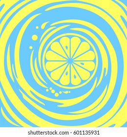 Single cross section of lemon. Isolated on blue background. Close-up. Vector illustration