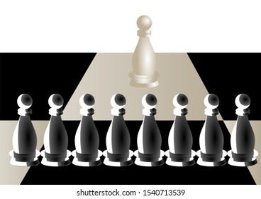 single in crowd. grup of pawn on a chessboard