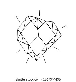  Einziger Kristall in Form eines Herzens einzeln auf weißem Hintergrund. Handgezeichnete Vektorgrafik im Doodle-Stil. Schwarz-weißer mystischer Kristall für entspannende Färbung