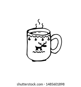 The single cup with tea, coffee, drink. New Year and Christmas hand-drawn cup with elk. Doodle Xmas scandinavian illustration for winter posters, stickers, cards design. Isolate, EPS8 vector