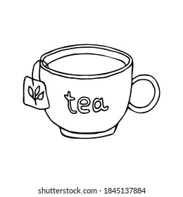 Single a cup of tea icon. Hand drawn vector illustration in doodle style outline drawing isolated on white background.