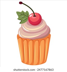 A single cupcake with a cherry on top. The cupcake with pink frosting, and the cherry is red with a green stem and leaf. The cupcake is isolated against a white background.