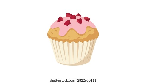 single cupcake with pink frosting and red sprinkles in white ridged wrapper isolated on plain white background
