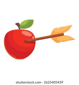 Single cupid arrow piercing a ripe red apple with a green leaf