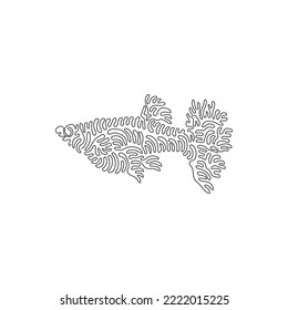 Single curly one line drawing of beautiful fin guppy fish abstract art. Continuous line draw graphic design vector illustration of adorable tailfins for icon, symbol, company logo, poster wall decor