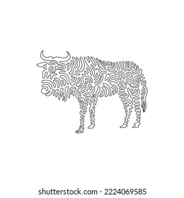 Single curly one line drawing of cute wildebeest abstract art. Continuous line draw graphic design vector illustration of wildebeest has a long beard for icon, symbol, company logo, poster wall decor