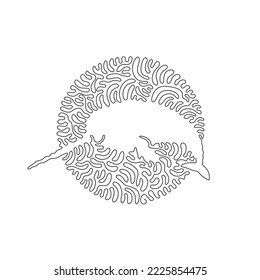 Single curly one line drawing of cute narwhal abstract art. Continuous line draw graphic design vector illustration of horned narwhal teeth for icon, symbol, company logo, poster wall decor