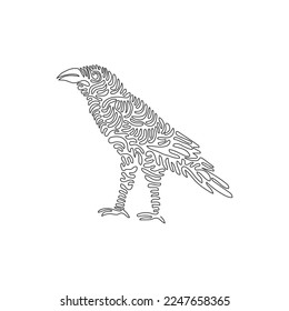 Single curly one line drawing of scary raven. Continuous line draw graphic design vector illustration of highly intelligent raven for icon, symbol, company logo, boho poster, boho decor