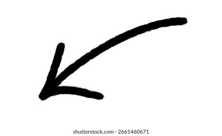 Una sola flecha negra curva con textura rugosa y pintada, que apunta hacia la parte inferior izquierda en blanco.