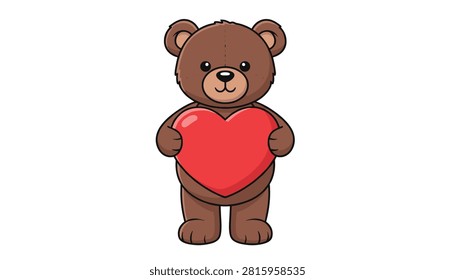 Single cute brown teddy bear standing tall and holding a bright red heart with both paws on a clean white background for love themes.