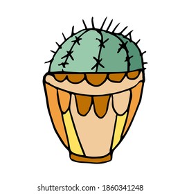 A single cute cactus in a bright pot is isolated on a white background. Festive mood. Cozy house. Houseplant. Hand-drawn home decor. Doodle-Style illustration.