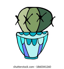 A single cute cactus in a bright pot is isolated on a white background. Festive mood. Cozy house. Houseplant. Hand-drawn home decor. Doodle-Style illustration.