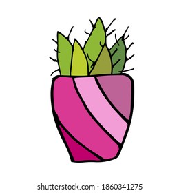 A single cute cactus in a bright pot is isolated on a white background. Festive mood. Cozy house. Houseplant. Hand-drawn home decor. Doodle-Style illustration.