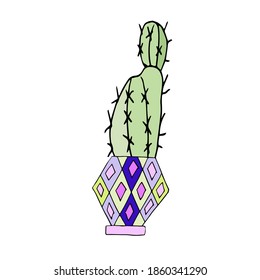 A single cute cactus in a bright pot is isolated on a white background. Festive mood. Cozy house. Houseplant. Hand-drawn home decor. Doodle-Style illustration.
