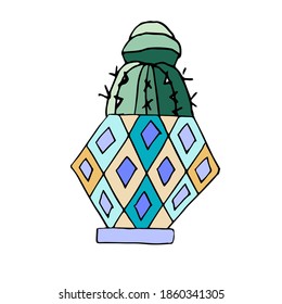 A single cute cactus in a bright pot is isolated on a white background. Festive mood. Cozy house. Houseplant. Hand-drawn home decor. Doodle-Style illustration.