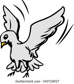 Single cute cartoon dove flapping wings as it lands over white background