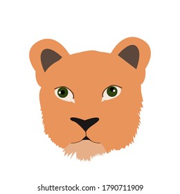 Einziger süßer Cartoon-Löwe, Leo-Kopf. Vektorflache Illustration einzeln auf Weiß. Elementdesign für Kinder, Druck, Muster, Karte, Poster, Web, App