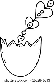 Single cute drawing for Easter holiday. The hearts in the shell from the egg. Hand-drawn drawings. Can be used for cover design, poster, poster, decoupage, postcard, things