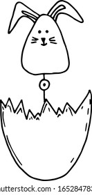 Single cute drawing for Easter holiday. A rabbit in an eggshell. Hand-drawn drawings. Can be used for cover design, poster, poster, decoupage, postcard, things.