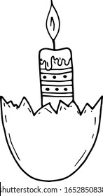•	Single cute drawing for Easter holiday. A candle in an eggshell. Hand-drawn drawings. Can be used for cover design, poster, poster, decoupage, postcard, things.