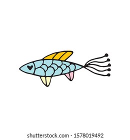Single cute fish doodle style. Hand drawn vector illustration for greeting cards, posters, stickers and seasonal design.