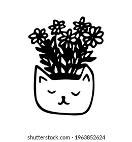 Single cute hand drawn flowers pot with cat face. Doodle vector illustration house plant for wedding design, logo, greeting card or seasonal design. Isolated on white background.