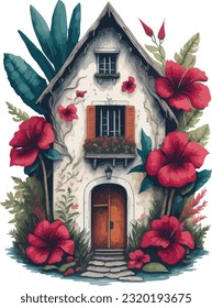 Ein einziges niedliches Haus mit Hibiskus-Fluss, Aquarellgrafik, Vintage-Vektorstil