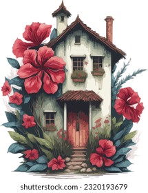 A single cute house and hibiscus flow, watercolor illustration, vintage vector style