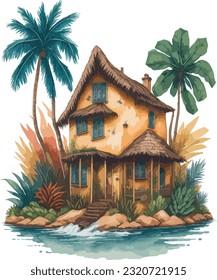 A single cute house and tropical flow, watercolor illustration, vintage vector style
