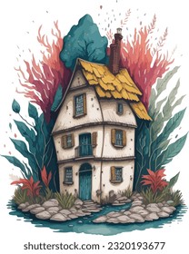 A single cute house and wild flow, watercolor illustration, vintage vector style