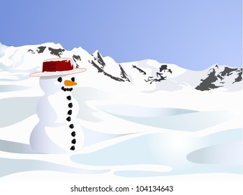 single cute snowman on snow hill