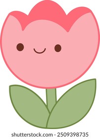 Single cute tulip with a smiling face and green leaves on white background