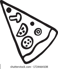 Single cute vector hand drawn pizza. Doodle vector illustration  in cute scandinavian style. Element for greeting  cards, posters, stickers and seasonal design.  Isolated on white background.