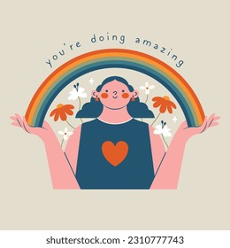 Single cute woman holding rainbow in hands. Cartoon comic girl with flowers, plants, motivational text "you're doing amazing". Funny illustration for sticker, poster. Mental health support concept.