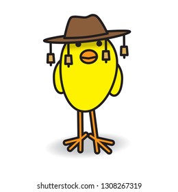 Single Cute Yellow Australian Chick Smiling and Staring towards camera wearing a Bush Hat on White Background
