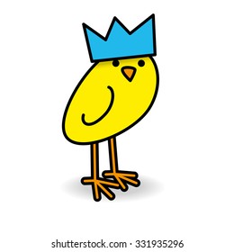 Single Cute Yellow Smiling Chick wearing Blue Party Hat Staring towards camera on White Background