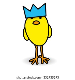 Single Cute yellow Staring Chick wearing Blue Party Hat Staring towards camera on White Background