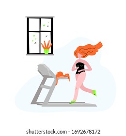 Single cute young woman with red hair running on a treadmill in room on. Funny active white girl and her pet. Home gym during coronavirus pandemic. Stay home. Stock vector illustration in flat style