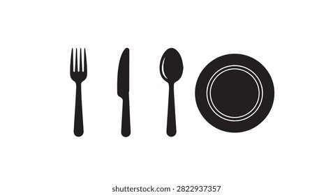 A single cutlery and plate silhouette centered on a clean white background, focusing on the main dining ware.